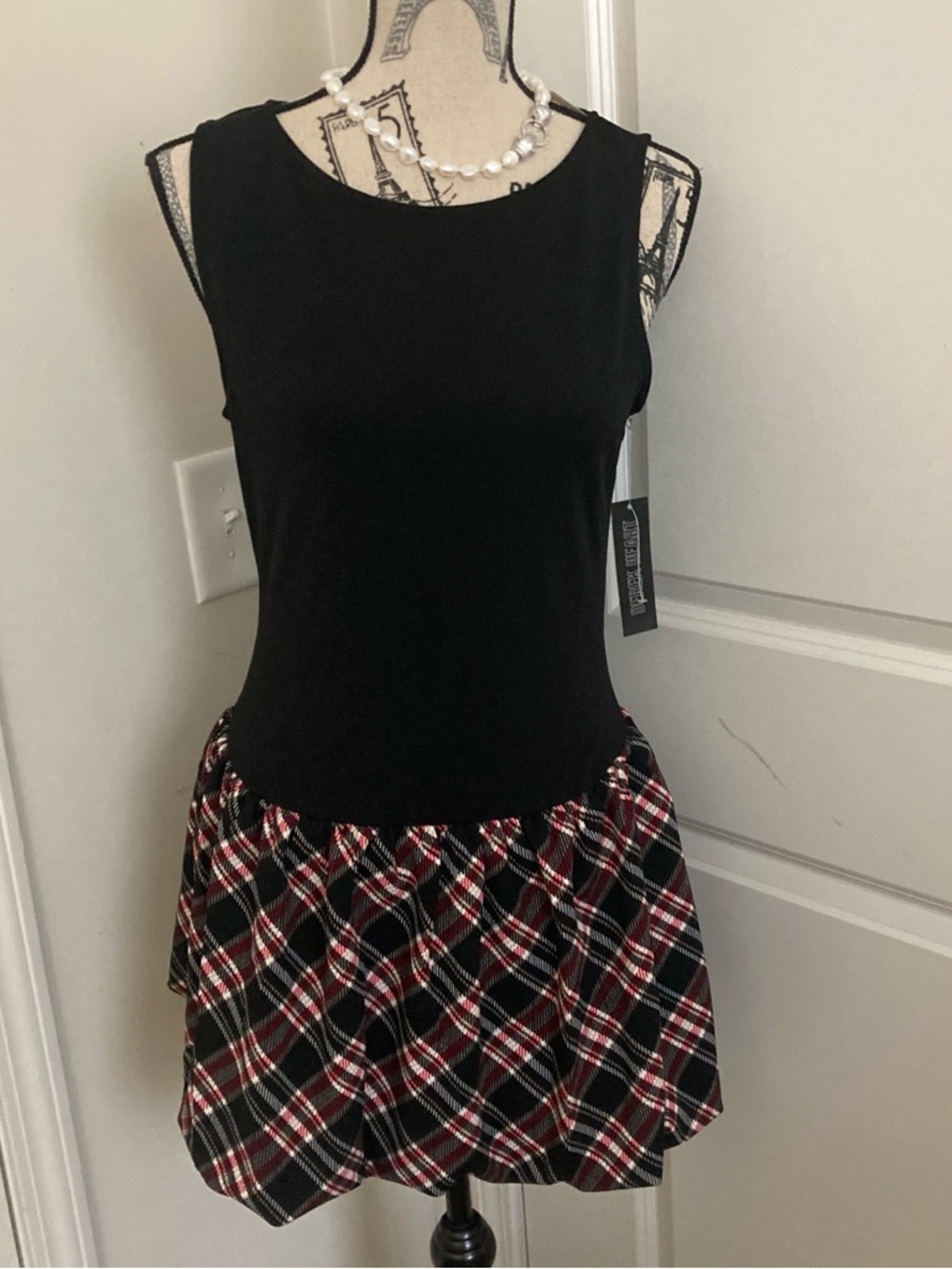 Derek Heart Black Sleeveless Dress with Black & Red Plaid Bubble Mini Skirt